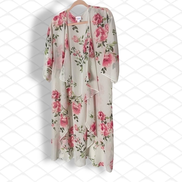 𝅺lularoe Rare off White Coral Pink Roses  Kimono Fits Sizes 10-18 (Med)Cover Up - Picture 3 of 9